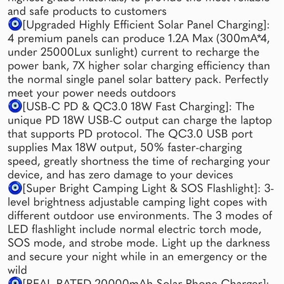 Solar Charger Power Bank, PD 18W QC3.0 Fast Charging 20000mAh Solar Powered - Picture 7 of 7